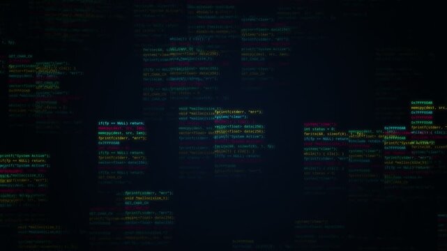 abstract programming code telemetry matrix with colorful syntax on dark background animation