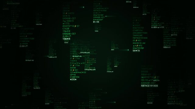 green hexadecimal code symbols animation with falling characters and glowing data streaks on dark background