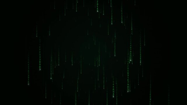 green matrix code rain animation with falling hexadecimal digits and letters on black background