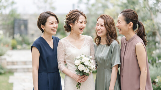 結婚式で友人と笑顔で談笑する花嫁と祝福する女性たち