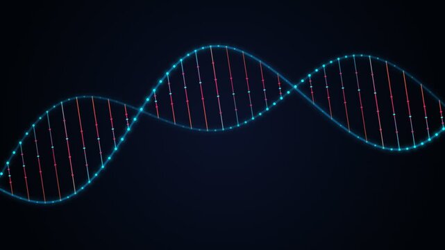 glowing blue dna double helix animation with colorful base pairs for medical technology and genetic research