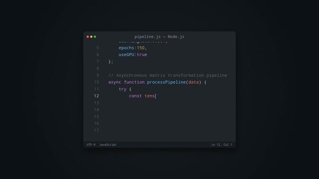 javascript code typing animation in dark code editor with neural network pipeline script on screen
