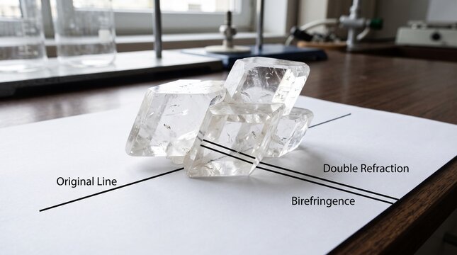 Iceland spar calcite crystal demonstrating double refraction and birefringence on paper line.