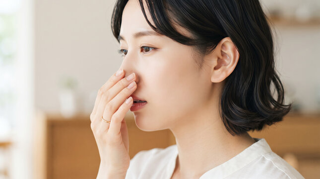 口臭や呼吸のニオイを気にして口元を押さえる若い女性の美容ヘルスケア素材