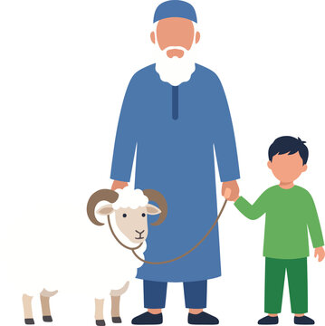 Flat Muslim Father and Son with Sacrificial Horned Ram for Eid al-Adha Vector Illustration   