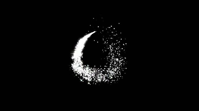 White glowing fairy dust particle arch sweep trail motion, magical sparkle line transition background, luxury pixie dust sparkling comet animation video on dark background 4k
