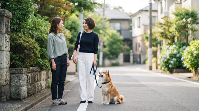 愛犬の散歩中に住宅街で立ち話をする笑顔の女性友人同士