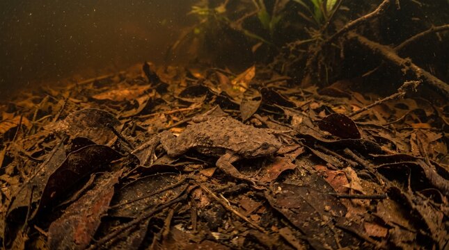 Wide angle underwater view of a Surinam toad (Pipa pipa) camouflaged among dead leaves in blackwater