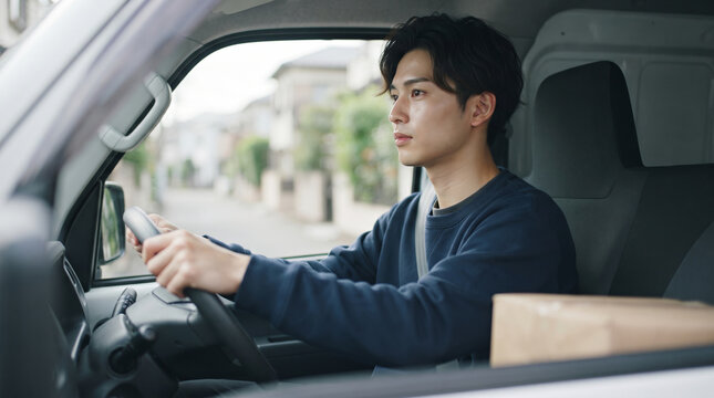 車を運転して荷物を配達する配送ドライバーの若い男性