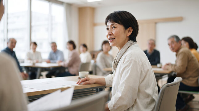 地域の講習会で笑顔で発言する中高年女性と集まる参加者たち