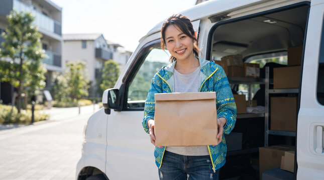 荷物を手にして笑顔を見せる配送スタッフの女性