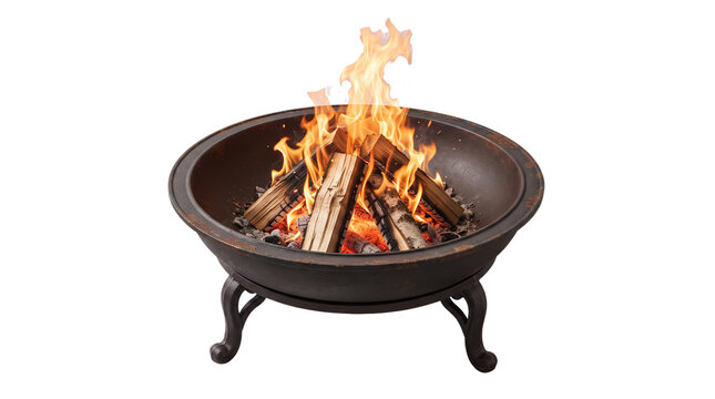 Outdoor Metal Fire Pit Bowl with Burning Firewood Isolated on White Background