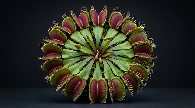 Top down view of a vibrant green and red venus flytrap carnivorous plant on a dark background