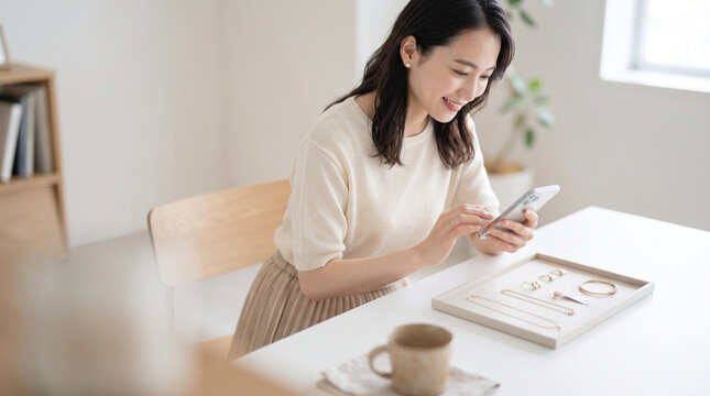 スマートフォンでアクセサリーのネットショップを運営する女性