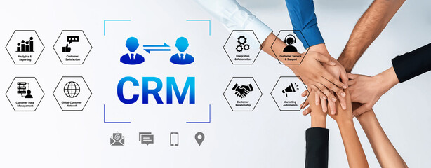 Obraz premium Diverse hands unite in teamwork, symbolizing collaboration for CRM strategy to enhance customer satisfaction in a modern business environment through innovative solutions. Cyphers