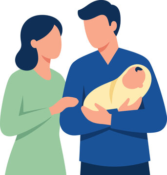 Flat Family Portrait of Parents Holding Newborn Swaddled Baby Vector Illustration