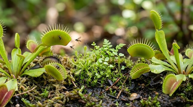 Vibrant venus flytrap plants growing in a wet mossy forest habitat with small insects flying around