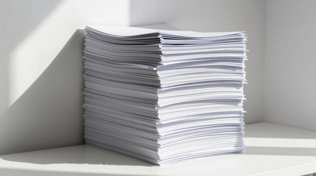 A neatly arranged stack of blank papers sits on a white surface, illuminated by sunlight, forming a minimalist, clean workspace ideal for both work and creative pursuits