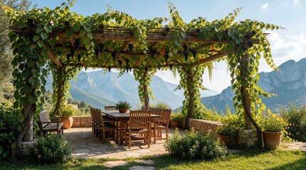 Obraz premium Wooden pergola covered with green grape vines shades outdoor dining area. Empty patio set with large table, chairs overlooks scenic mountains. Summer garden terrace offers peaceful lunch spot with