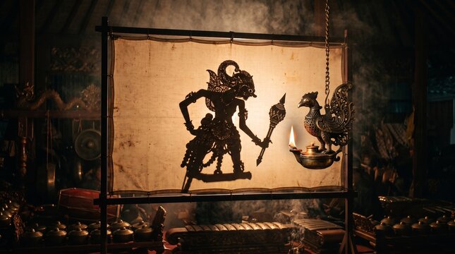 Wayang Kulit shadow puppet theater on kelir screen with traditional blencong oil lamp and gamelan