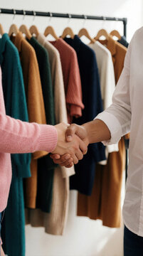 Two diverse people shake hands in fashion boutique. One person wears pink sweater wears white shirt. Reach agreement celebrate purchase near clothing rack with colorful apparel. Business deal