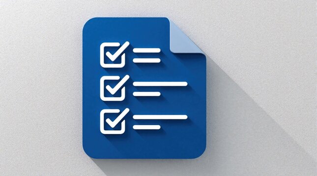 Blue checklist icon with white checkboxes on paper document. Digital task list shows completed chores business goals. Minimal flat design symbol for planning, organization, productivity. User