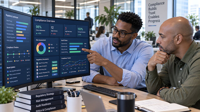Corporate compliance officers analyzing regulatory landscape and risk management dashboard on monitors