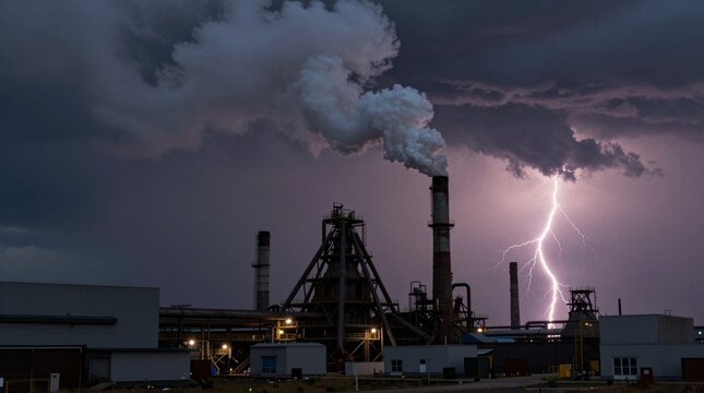 A dramatic scene of an industrial power plant surrounded by dark storm clouds and striking lightning. The image captures the power of nature and human industry.