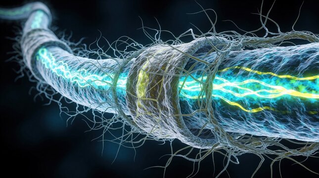 Microscopic view shows electrical impulses traveling through nerve fiber. Glowing blue signals move along neural pathway inside biological cell membrane. Scientific illustration rapid