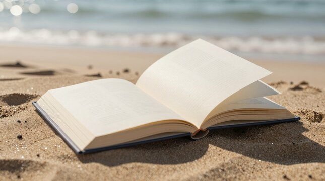 An open book rests on warm sand with gentle ocean waves lapping nearby. Perfect for themes of relaxation, reading, and beach escapades in a serene setting.