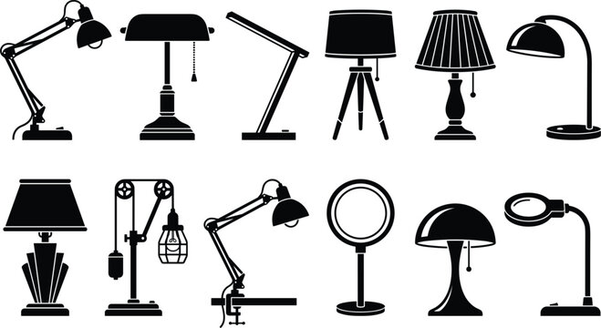 Desk and table lamp silhouette icon set featuring adjustable architect office lights and bedside lamps