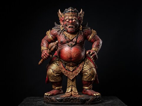 Fierce red Balinese Buta Kala demon statue holding wooden mace isolated black background
