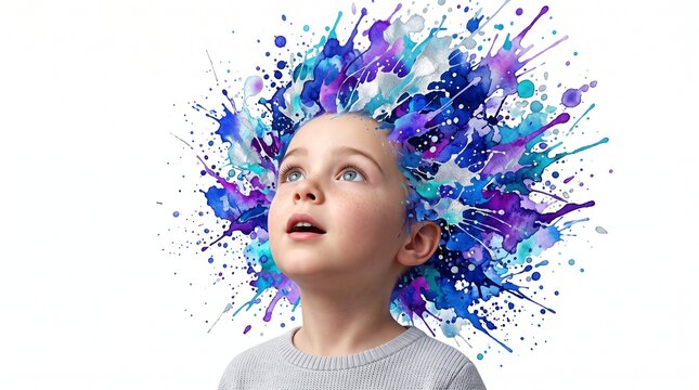 Young girl looking up with colorful paint splash effect exploding from her hair
