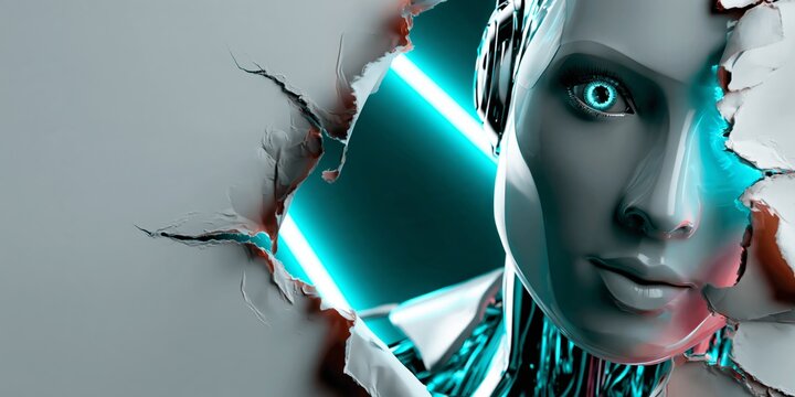 Futuristic female robot with glowing blue eyes breaking through a torn white surface, illuminated by neon teal light, cyberpunk aesthetic, high-tech design.