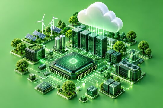 Digital Green Future: An innovative illustration depicts a sustainable cityscape integrated with advanced technology.