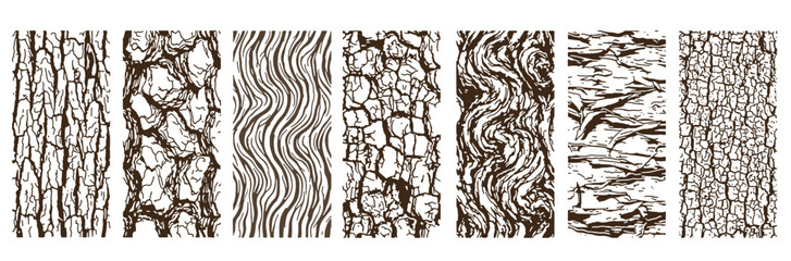 Fototapeta premium Set of vector tree bark textures with hand drawn doodle wood patterns and organic lines