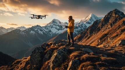 Obraz premium Man in yellow jacket controls quadcopter drone on high mountain ridge. Pilot uses remote controller to fly UAV over snowy peaks during golden hour sunset. Adventurer explores wild nature landscape