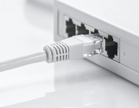 Close-Up of Ethernet Cable Connected to Computer Port on White Background for Technology Uses