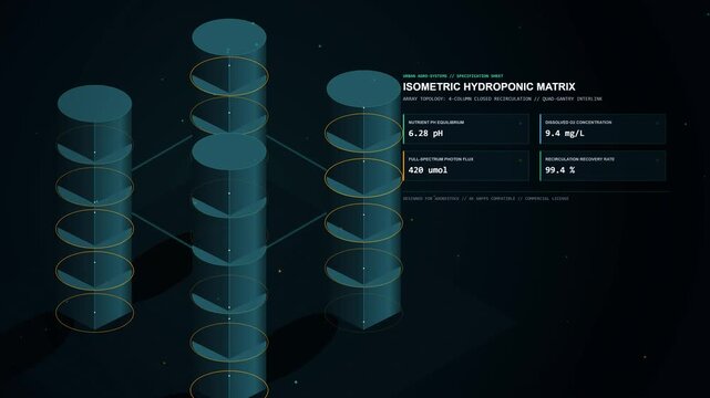 Isometric digital illustration of a hydroponic pod array for vertical farming with data dashboard showing nutrient levels, pH balance, and light spectrum metrics for smart agriculture technology.
