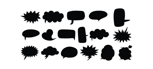 Collection of hand drawn black speech bubbles and comic book explosion shapes on white background © RUBEL