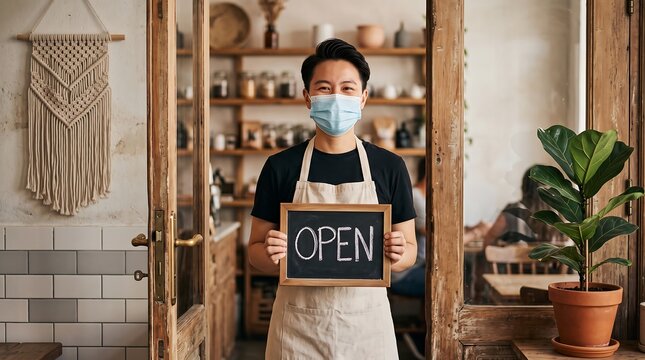Small business owner wearing mask holding open sign in front of shop.