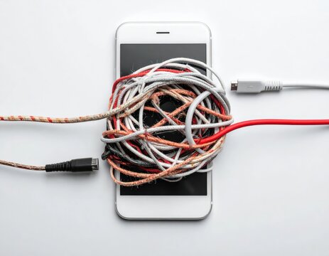 Tangles of Phone Charging Cables Surrounding a Smartphone on a Clean White Background