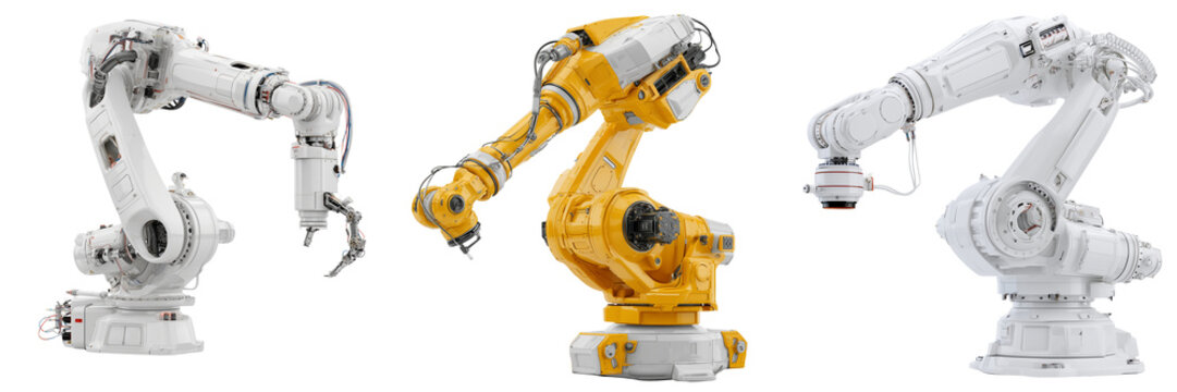 Set of White industrial automation robot arm with several articulated mechanical joints and an open multi on transparent png background. Ai generated
