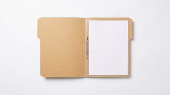 Blank white paper document sheet in open brown kraft paper folder mockup on white desk