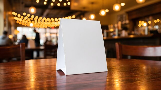 Blank white table tent menu card mockup standing on wooden table in warm cafe bar