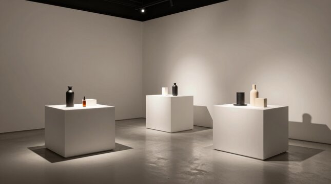 A serene contemporary art gallery displaying minimalist sculptural objects on pedestals. The interplay of light and shadow enhances the artistic experience.