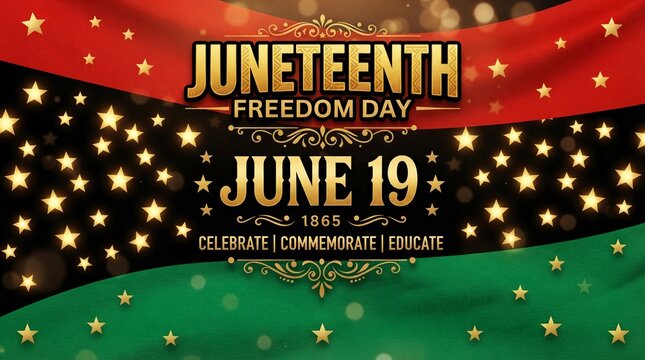Juneteenth freedom day celebration background featuring glowing golden stars and vibrant pan african flag colors with ornate typography commemorating nineteenth of june historical emancipation