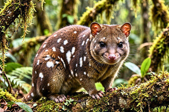 Spotted tailed quoll marsupial animal standing on a mossy log in the forest
