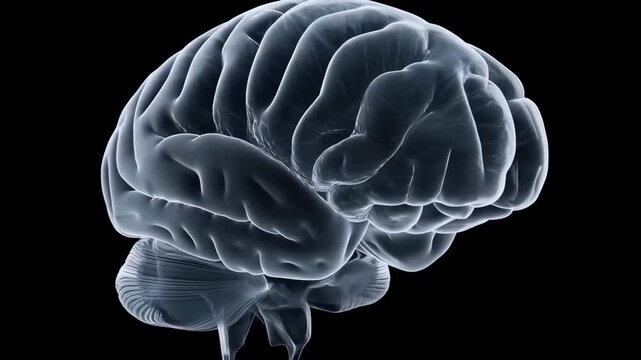 Translucent human brain model rotates through rear, oblique and side views against black background, revealing cerebral folds, cerebellum and brainstem with cool luminous edge highlights
