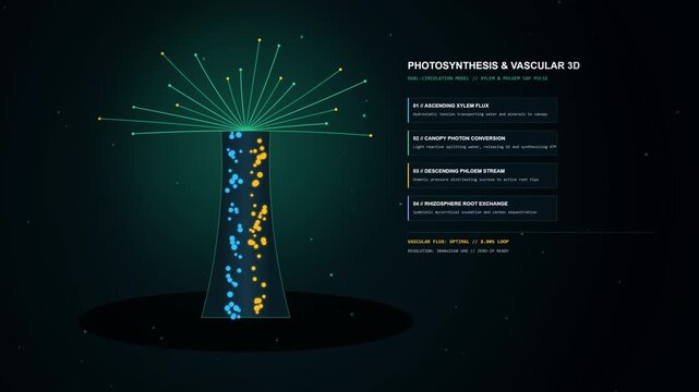 Scientific animation showing the biological photosynthesis process in a green tree system, illustrating carbon dioxide absorption, oxygen production, sunlight energy conversion, and water transport.